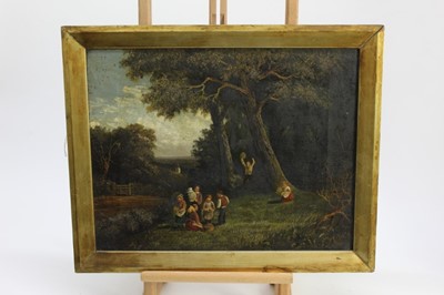 Lot 254 - 19th century oil on canvas - figures in rural woodland landscape