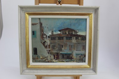 Lot 117 - Tom Coates (1941) oil on board - 'Meeting House, Zanzibar'
