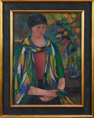 Lot 1088 - Duffy Ayers (1915-2017) oil on board - Figure with Scarf