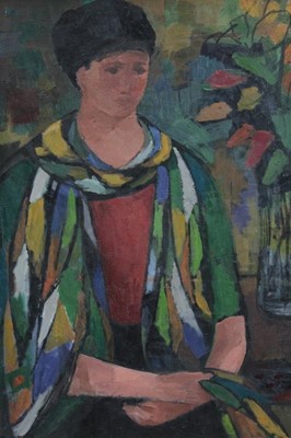 Lot 1088 - Duffy Ayers (1915-2017) oil on board - Figure with Scarf