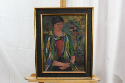 Lot 1088 - Duffy Ayers (1915-2017) oil on board - Figure with Scarf