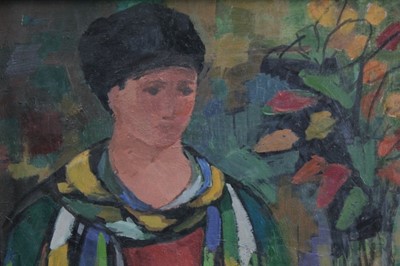 Lot 1088 - Duffy Ayers (1915-2017) oil on board - Figure with Scarf