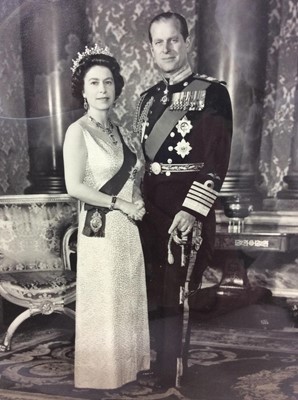 Lot 29 - H.M. Queen Elizabeth II and H.R.H. The Duke of Edinburgh- signed presentation black and white portrait photograph of the Royal couple taken at Buckingham Palace by Antony Buckley , signed on the mo...