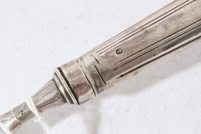 Lot 158 - George III silver fish slice with curved pierced blade and brite cut engraved decoration (London 1800), together with another similar (London 1787), 31 and 30cm in length (2)