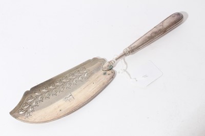 Lot 158 - George III silver fish slice with curved pierced blade and brite cut engraved decoration (London 1800), together with another similar (London 1787), 31 and 30cm in length (2)