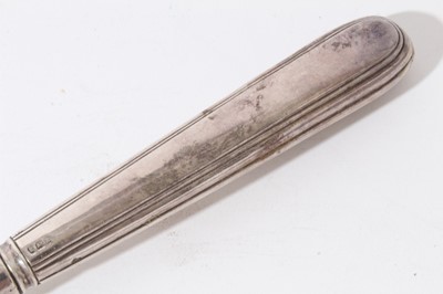 Lot 158 - George III silver fish slice with curved pierced blade and brite cut engraved decoration (London 1800), together with another similar (London 1787), 31 and 30cm in length (2)