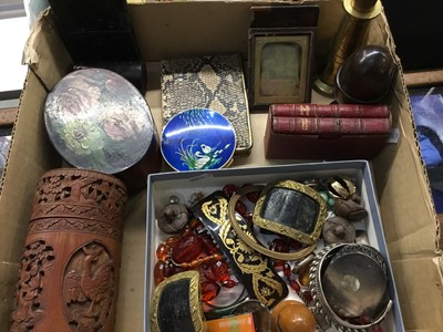 Lot 223 - Mixed group of items to include a bamboo carved box, pair of 19th century shoe buckles, bijouterie and other items