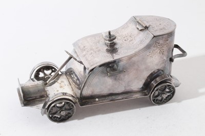 Lot 40 - Unusual early 20th century novelty silver plated biscuit box in the form of a vintage car, base stamped Superior Electro Plated, Made in England, 19cm in overall length