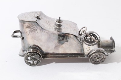Lot 40 - Unusual early 20th century novelty silver plated biscuit box in the form of a vintage car, base stamped Superior Electro Plated, Made in England, 19cm in overall length