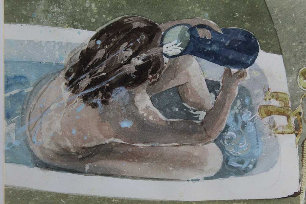 Lot 120 - Michael 'Mick' Smee (1946) watercolour - female bathing, titled 'Final Rise'