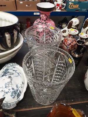 Lot 176 - Large pair of cut glass bucket shape vases, large Victorian pink glass vase and other glassware