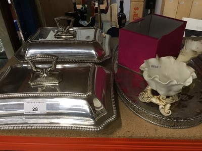 Lot 28 - Pair of silver plated entree dishes, plated oval tray, Victorian Moore Bros porcelain spill vase and five porcelain figures (a/f)