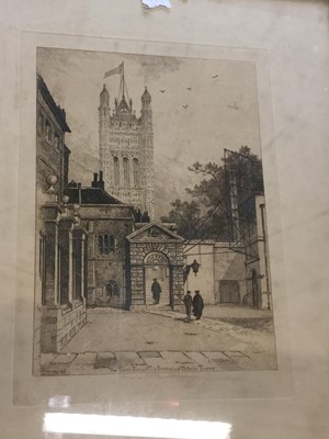Lot 114 - Set of four early 19th century etchings by R J Mills together with other etchings and other pictures and prints