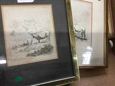 Lot 114 - Set of four early 19th century etchings by R J Mills together with other etchings and other pictures and prints