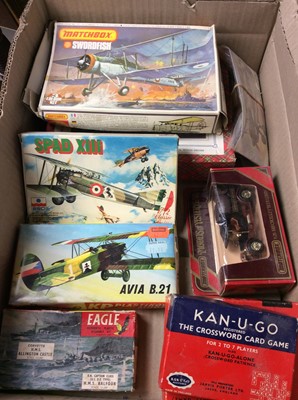 Lot 401 - Matchbox Swordfish airfix kit, plus others, Tri-ang railway and track, toy cars and other vintage games