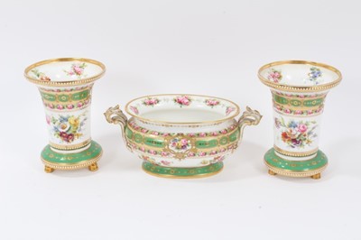 Lot 71 - Pair of late 19th/early 20th century Copelands Spode vases and a matching bowl, all with similar decoration, the vases measuring 15.5cm height
