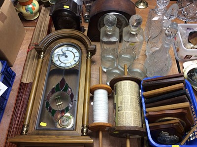 Lot 411 - Wall clock, two mantle clocks, glass decanters and other items