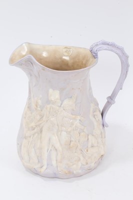 Lot 72 - Collection of nine 19th century relief moulded lilac-ground jugs, mostly Samuel Alcock, including the Portland Jug, Naomi and her Daughters in Law, etc, the largest measuring 29cm height