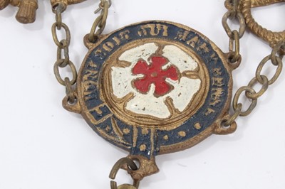 Lot 33 - The Most Noble Order of The Garter- Victorian brass theatrical collar , a theatrical Garter star , Edwardian fitted box possibly for a Garter with gilt embossed crown to lining and part of a K.C.V....