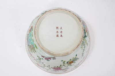 Lot 121 - Large 20th century Chinese porcelain bowl, the inside painted with fish swimming amongst weeds and flowers, the outside with flowers, six-character Kangxi mark in iron red to base, 41cm diameter