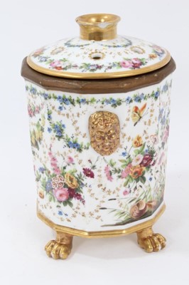 Lot 119 - 19th century French porcelain bough pot, the faceted body with moulded masks and four lion's paw feet, decorated with various flora and fauna, the cover with openings for flower stems, 23cm height