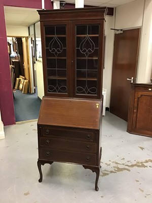 Lot 850 - Edwardian mahogany bureau bookcase with inlaid decoration, on cabriole legs