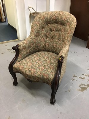 Lot 851 - Victorian mahogany framed easy chair with scroll arms and tapestry upholstery with buttoned back