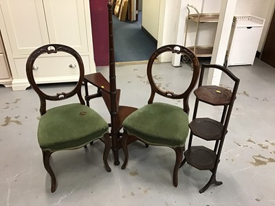 Lot 853 - Pair of Victorian balloon back dining chairs together with a three tier mahogany cake stand and a pair of reproduction mahogany spiral library steps (4)