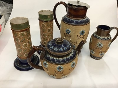 Lot 42 - Group of five Doulton Lambeth stoneware to include a pair of vases, teapot, matching hot water pot and a jug