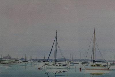Lot 316 - Richard Cox Contemporary watercolour study of Mersea Island, together with another Barges off Pinmill, both mounted in glazed frames