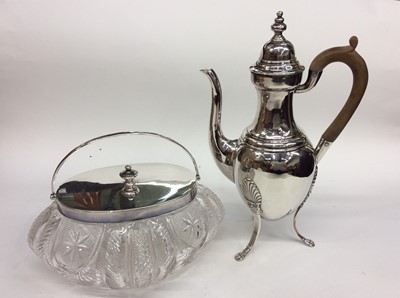 Lot 458 - Georgian plated coffee pot together with a good quality cut glass biscuit barrel with plated mounts