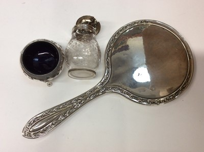 Lot 650 - Silver backed hand mirror, silver salt and silver mounted glass pot