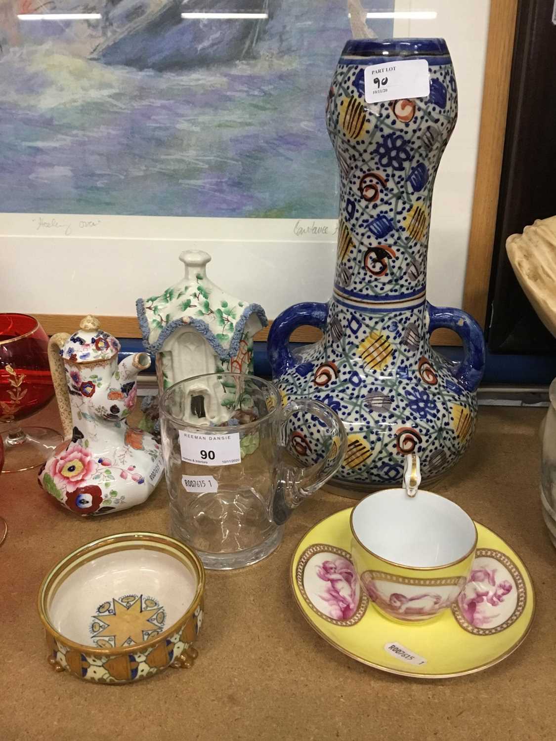 Lot 90 - Small collection of ceramics, including a Meissen cup and saucer, second quality, painted with puce panels of cherubs on a yellow ground, a Cantagalli tripod bowl, Mason's ewer, Staffordshire pasti...