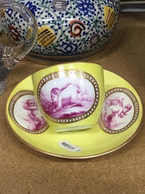 Lot 90 - Small collection of ceramics, including a Meissen cup and saucer, second quality, painted with puce panels of cherubs on a yellow ground, a Cantagalli tripod bowl, Mason's ewer, Staffordshire pasti...