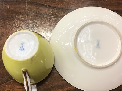 Lot 90 - Small collection of ceramics, including a Meissen cup and saucer, second quality, painted with puce panels of cherubs on a yellow ground, a Cantagalli tripod bowl, Mason's ewer, Staffordshire pasti...