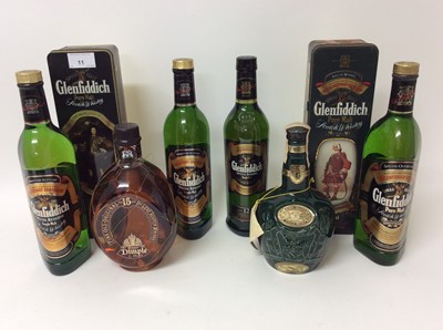 Lot 11 - Whisky - six bottles, Glenfiddich 12 Years Old, two others in 'Clans of the Highlands' tin boxes, another unboxed, a bottle of Dimple 15 Years Old and a bottle of Royal Salute 21 Years Old