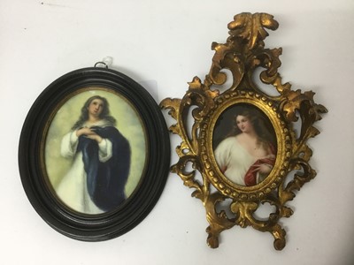 Lot 155 - 19th century Berlin style hand painted porcelain plaque in carved florentine gilt wood frame, together with another plaque (2)