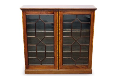 Lot 772 - Pair of good quality inlaid mahogany display cabinets with astragal glazed doors enclosing adjustable shelves