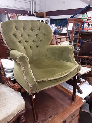 Lot 912 - Victorian-style easy chair with green velvet upholstery, on square legs