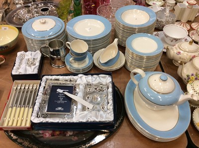 Lot 491 - Collection of blue and white tea/dinner ware, a tin tray, silver plated christening gifts and other silver plate and metal wares