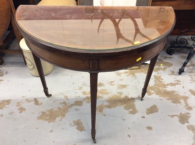 Lot 931 - Edwardian Demi lune mahogany card table with inlaid decoration and fold over top on square taper legs with brass casters