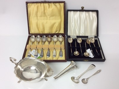Lot 209 - Set of six Edwardian silver fiddle pattern egg spoons, in case, set of six coffee bean spoons, silver sauce boat and other items, approximately 8.5ozs total weight