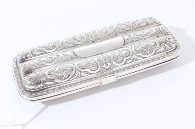 Lot 96 - Victorian silver cigar case of rectangular form with shaped corners, engraved foliate decoration, silver gilt interior and folding clasp, (Birmingham 1859), maker Aston & Son