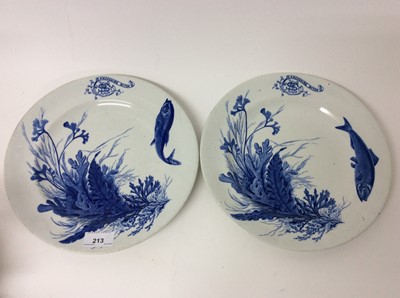 Lot 213 - Of Yachting Interest - a pair of late Victorian Worcester dinner plates from the yacht 'Lancashire Witch', owned by Willie James, transfer decorated in blue with fish among weed, together with rela...