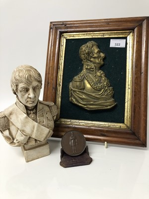 Lot 322 - Antique brass profile bust of Wellington, bronze Art Union of London medallion depicting Wellington and a composite bust of Nelson