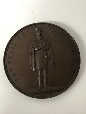 Lot 322 - Antique brass profile bust of Wellington, bronze Art Union of London medallion depicting Wellington and a composite bust of Nelson