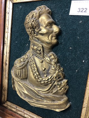 Lot 322 - Antique brass profile bust of Wellington, bronze Art Union of London medallion depicting Wellington and a composite bust of Nelson