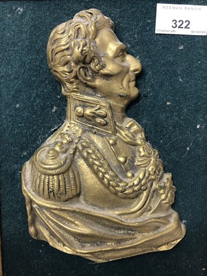 Lot 322 - Antique brass profile bust of Wellington, bronze Art Union of London medallion depicting Wellington and a composite bust of Nelson