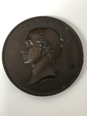 Lot 322 - Antique brass profile bust of Wellington, bronze Art Union of London medallion depicting Wellington and a composite bust of Nelson