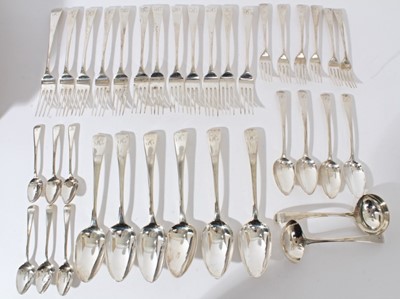 Lot 97 - Quantity of George III silver Old English pattern flatware, comprising twelve dinner forks, six dessert forks, six table spoon